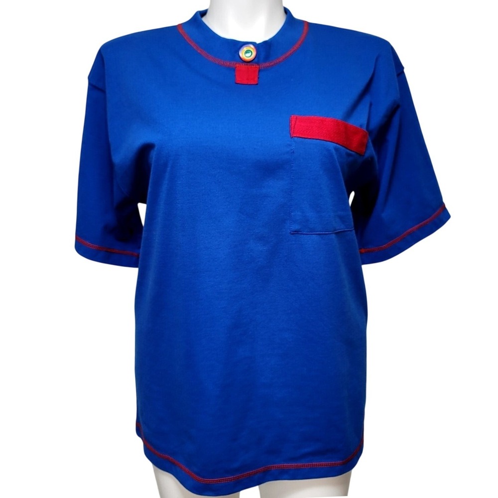 Vintage Chic Blue Red Contrast Stitch Mock Neck Short Sleeve Tshirt Pop Art